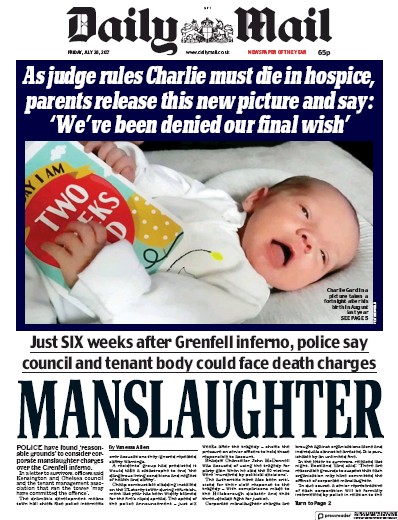 Daily Mail Newspaper Front Page for 28 July 2017