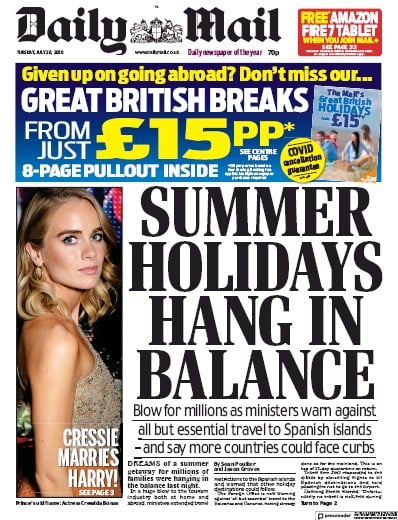 Daily Mail Newspaper Front Page for 28 July 2020
