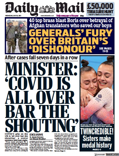 Daily Mail (UK) Newspaper Front Page for 28 July 2021