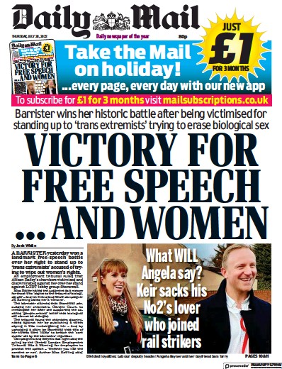 Daily Mail (UK) Newspaper Front Page for 28 July 2022