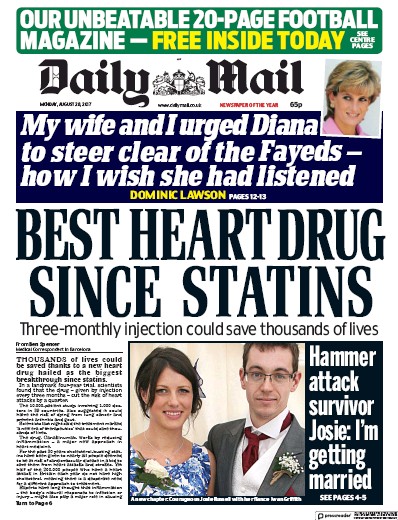Daily Mail (UK) Newspaper Front Page for 28 August 2017