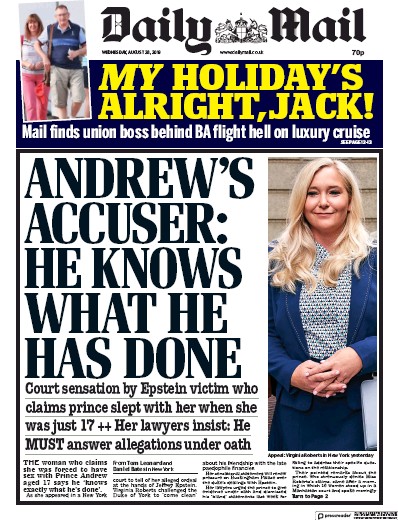 Daily Mail Newspaper Front Page for 28 August 2019