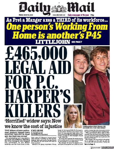 Daily Mail (UK) Newspaper Front Page for 28 August 2020