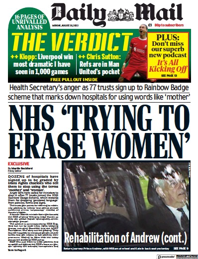Daily Mail (UK) Newspaper Front Page for 28 August 2023