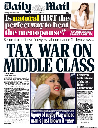 Daily Mail (UK) Newspaper Front Page for 28 September 2015