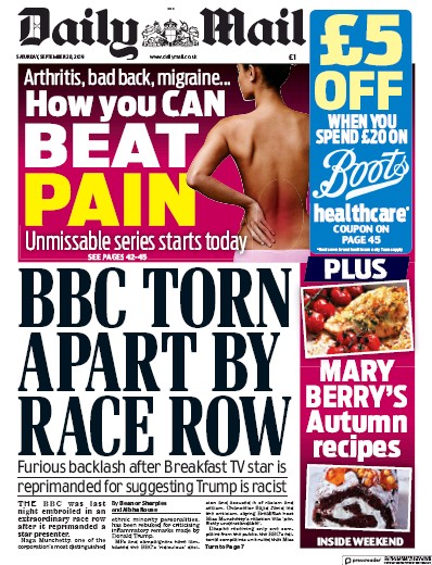 Daily Mail Newspaper Front Page for 28 September 2019