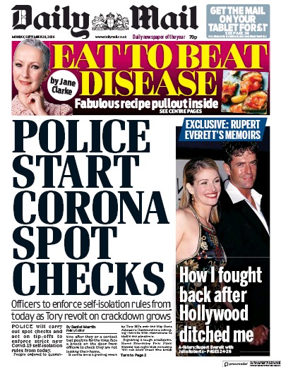 Daily Mail Newspaper Front Page for 28 September 2020