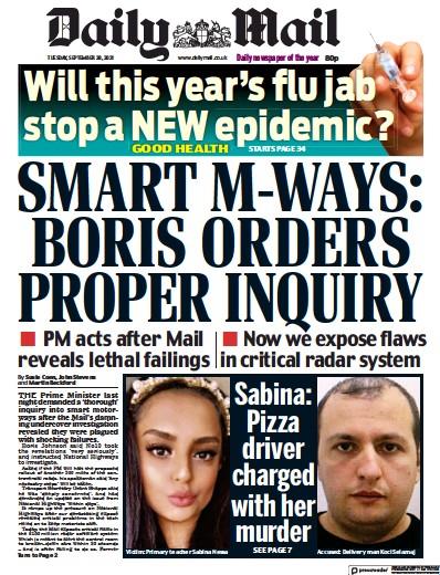 Daily Mail (UK) Newspaper Front Page for 28 September 2021