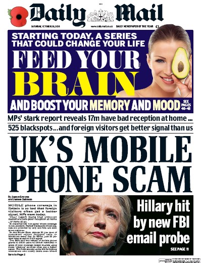 Daily Mail Newspaper Front Page for 29 October 2016