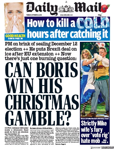 Daily Mail Newspaper Front Page for 29 October 2019