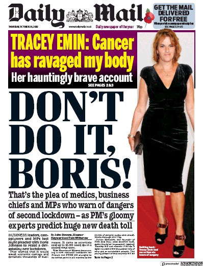 Daily Mail Newspaper Front Page for 29 October 2020