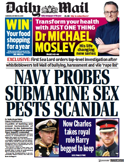 Daily Mail Newspaper Front Page for 29 October 2022