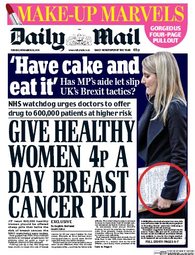 Daily Mail Newspaper Front Page for 29 November 2016