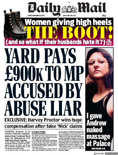 Daily Mail (UK) Newspaper Front Page for 29 November 2019