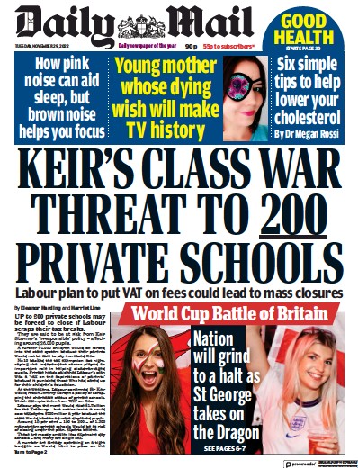 Daily Mail (UK) Newspaper Front Page for 29 November 2022