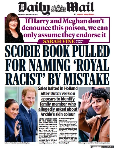Daily Mail (UK) Newspaper Front Page for 29 November 2023