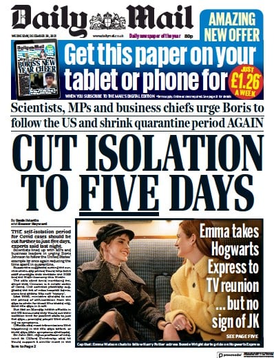Daily Mail (UK) Newspaper Front Page for 29 December 2021