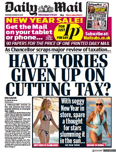 Daily Mail (UK) Newspaper Front Page for 29 December 2022