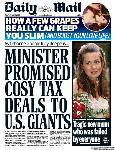 Daily Mail (UK) Newspaper Front Page for 29 January 2016
