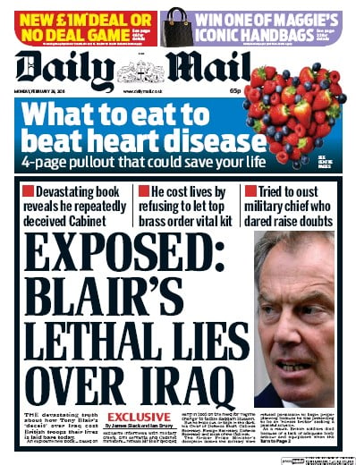 Daily Mail Newspaper Front Page for 29 February 2016