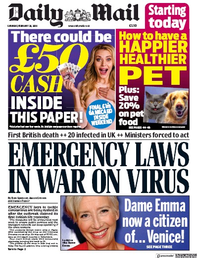 Daily Mail Newspaper Front Page for 29 February 2020