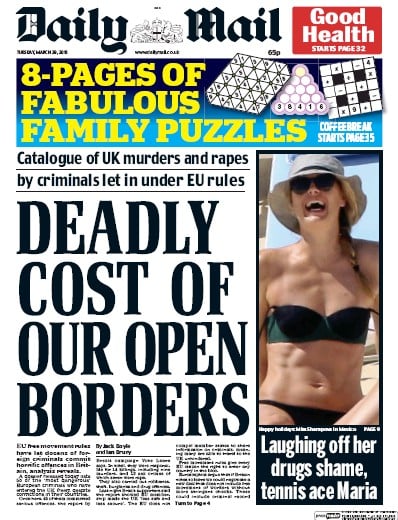 Daily Mail Newspaper Front Page for 29 March 2016