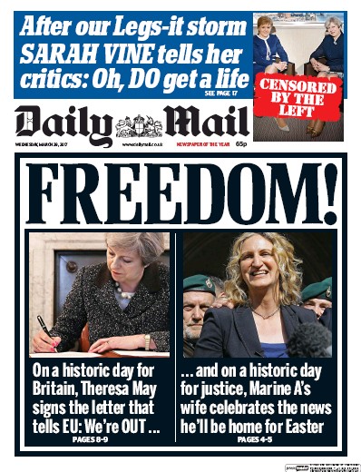 Daily Mail Newspaper Front Page for 29 March 2017