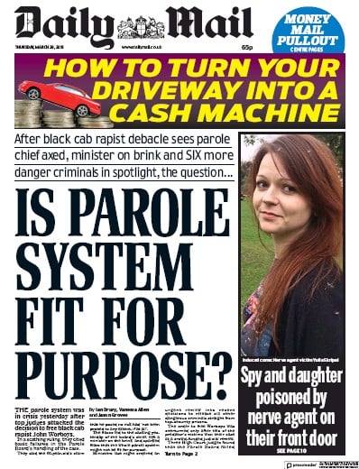 Daily Mail Newspaper Front Page for 29 March 2018