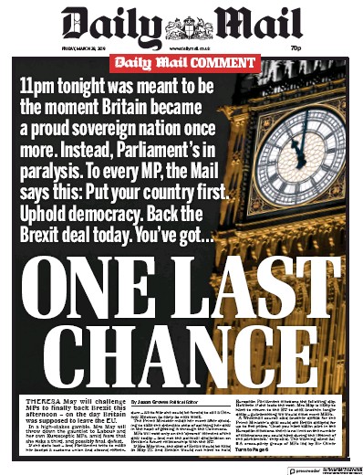 Daily Mail (UK) Newspaper Front Page for 29 March 2019