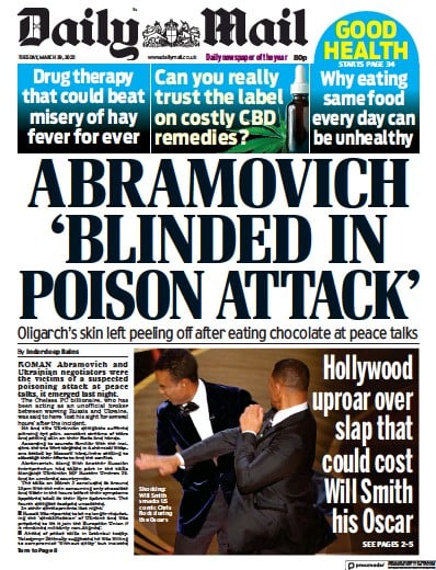 Daily Mail Newspaper Front Page for 29 March 2022