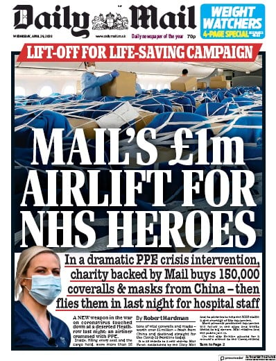 Daily Mail (UK) Newspaper Front Page for 29 April 2020