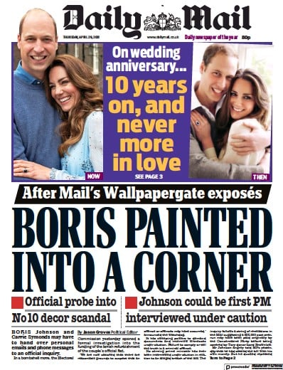Daily Mail (UK) Newspaper Front Page for 29 April 2021