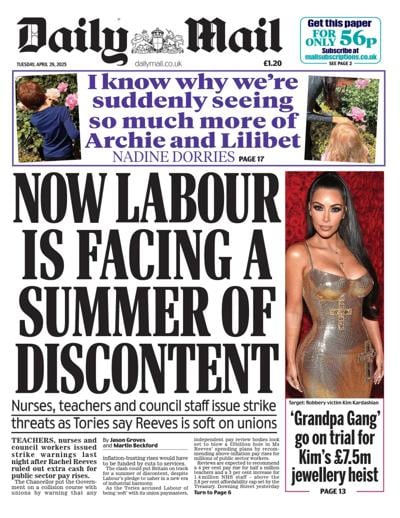 Daily Mail (UK) Newspaper Front Page for 29 April 2025