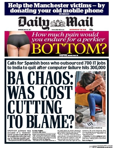 Daily Mail Newspaper Front Page for 29 May 2017