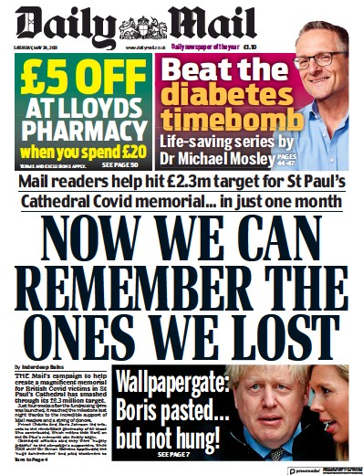 Daily Mail (UK) Newspaper Front Page for 29 May 2021