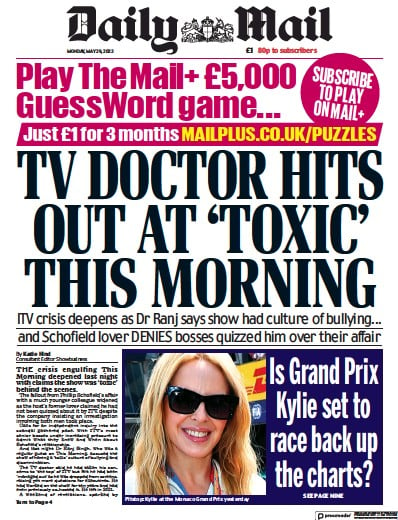 Daily Mail (UK) Newspaper Front Page for 29 May 2023