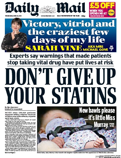 Daily Mail Newspaper Front Page for 29 June 2016