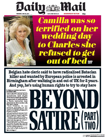 Daily Mail (UK) Newspaper Front Page for 29 June 2017