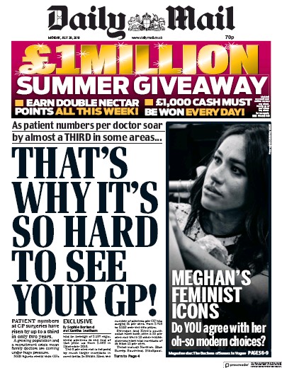 Daily Mail Newspaper Front Page for 29 July 2019