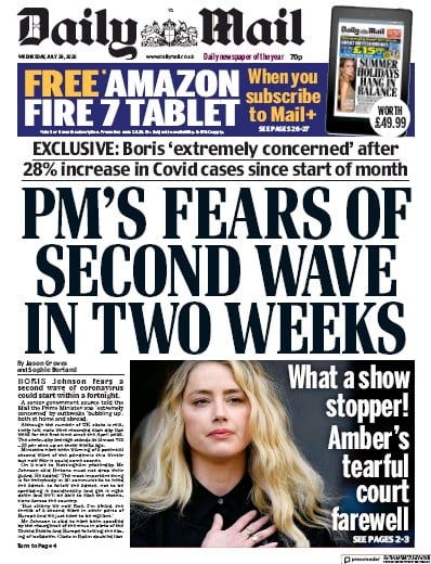 Daily Mail Newspaper Front Page for 29 July 2020
