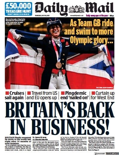 Daily Mail (UK) Newspaper Front Page for 29 July 2021