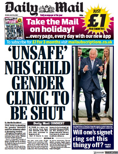 Daily Mail Newspaper Front Page for 29 July 2022