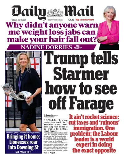 Daily Mail (UK) Newspaper Front Page for 29 July 2025
