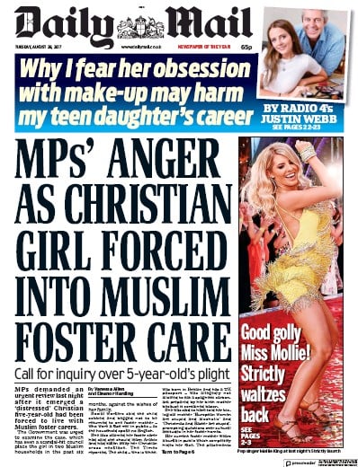 Daily Mail Newspaper Front Page for 29 August 2017