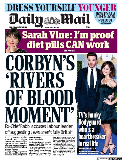 Daily Mail Newspaper Front Page for 29 August 2018