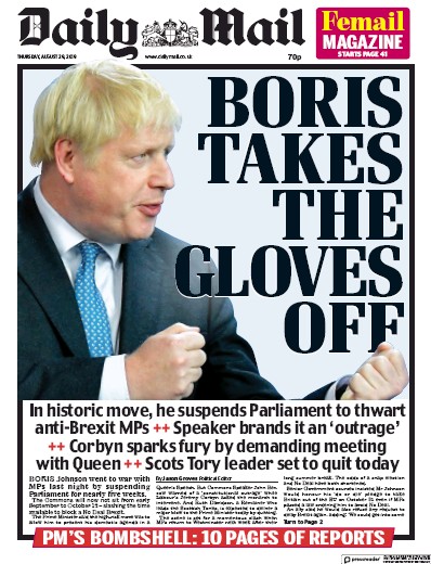 Daily Mail Newspaper Front Page for 29 August 2019