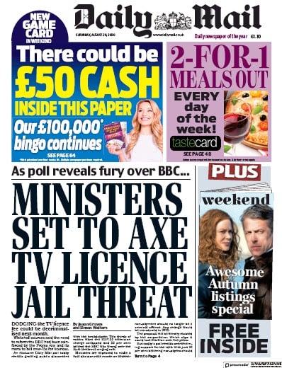 Daily Mail Newspaper Front Page for 29 August 2020