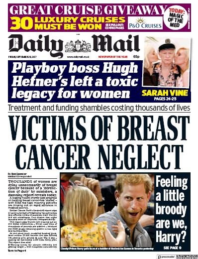 Daily Mail Newspaper Front Page for 29 September 2017