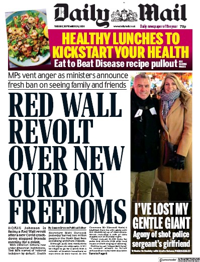 Daily Mail Newspaper Front Page for 29 September 2020