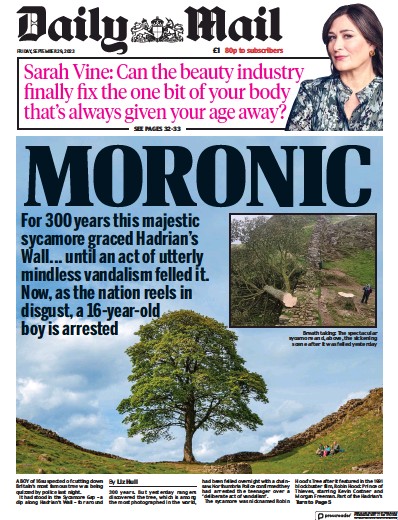 Daily Mail Newspaper Front Page for 29 September 2023